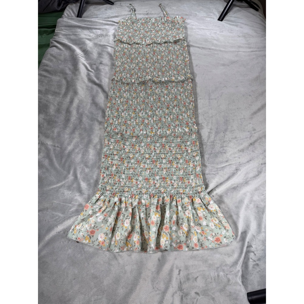 Mable Smocked Floral Midi Dress Size Small Green Ruffle Cottagecore Romantic